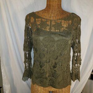 ADIVA Olive Green Floral Lace Top w/Built-in Camisole - PM